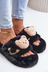 Ladies Fur Slippers With Bear And Decorative Elements Black Innalise