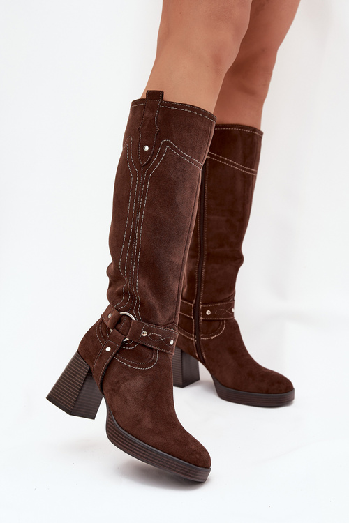 Warm women's heeled boots with stitching chocolate Alessara