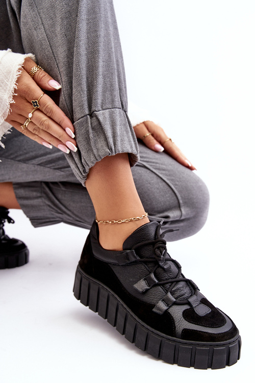Buty Sportowe Damskie Skóra Platforma Czarne M01/1 Zazoo
