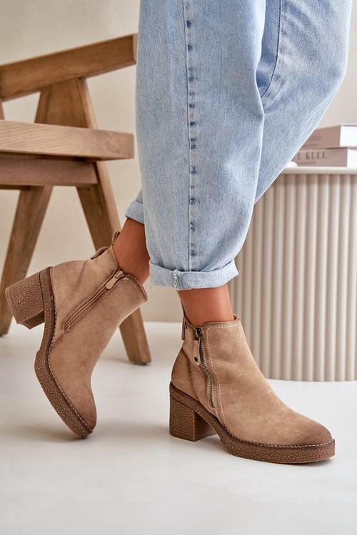 Damskie Ocieplane Botki Eko Zamszowe Na Słupku Beżowe Velarilla