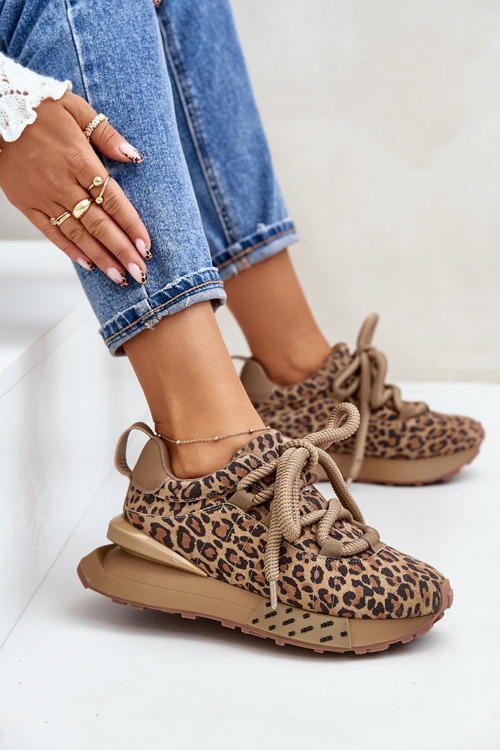 Damskie Zamszowe Sneakersy Grube Sznurowanie Platforma Panterka Brązowe Artiker 55C0135