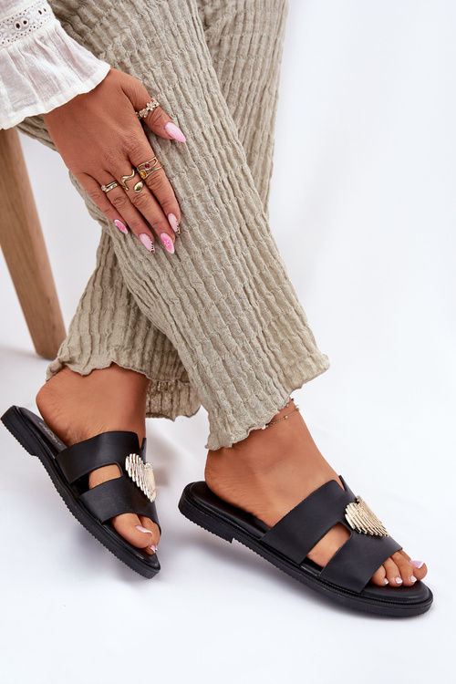 Damskie Klapki Płaski Obcas Złota Ozdoba Eko Skóra Czarne Karinma