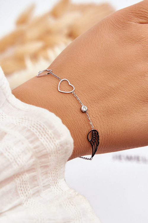 Fashionable Stainless Steel Wing Bracelet And Two Silver Hearts