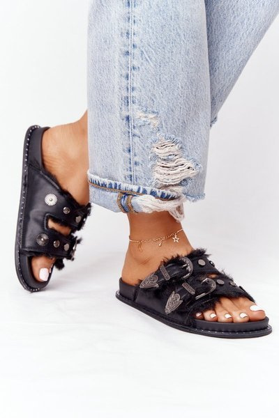 Slippers With Clasps And Fur Black Lydia