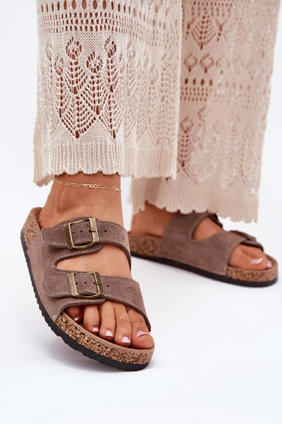 Damskie Zamszowe Klapki Korkowa Podeszwa Klamry Ciemnobeżowe Tavira