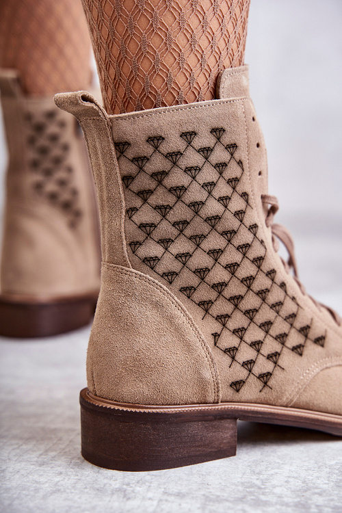 Botki Sznurowane Zamsz Beżowe Nicole 2751