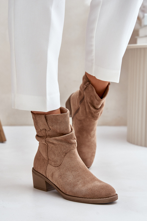 Warm Women's Boots With Gathered Shaft On Low Heel Beige Zinanya