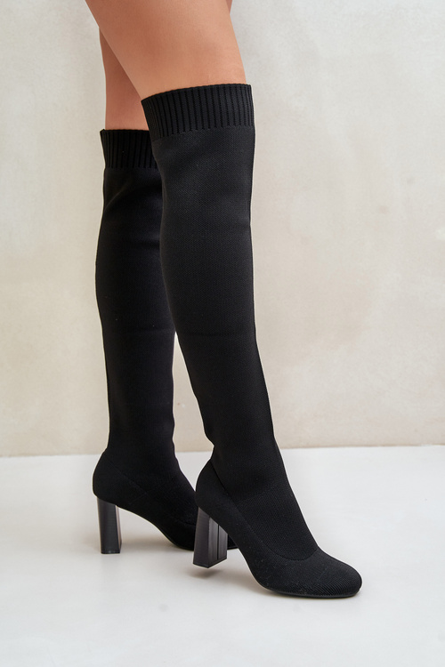 Knee High Sock Boots On Heel Black Esanira