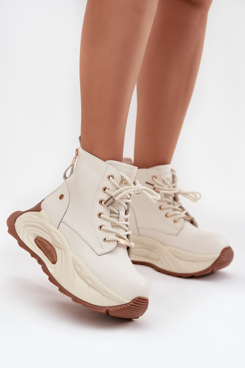 Leather Insulated Women's Ankle Boots On Platform GOE SS2N4300 Light Beige