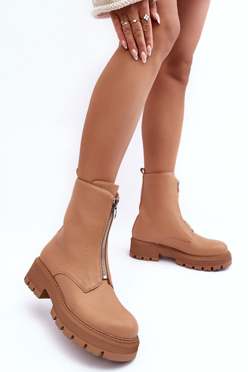 Leather Ankle Boots With Zipper Flat Heel Camel Vimal