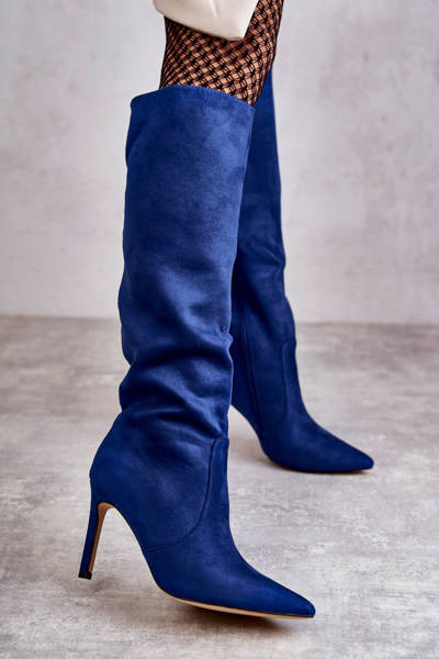 Kozaki Zamszowe Obcas Szpilka Niebieskie Carite