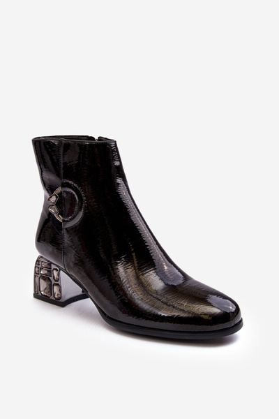 Botki Lakier Damskie Zdobiony Obcas Czarne D&A MR870-93