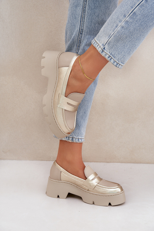 Mokasyny Damskie Skóra Naturalna Płaski Obcas Platforma Złote Zazoo 20191