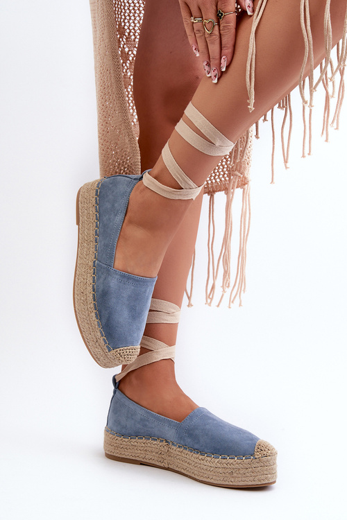 Wiązane Espadryle Damskie Na Platformie Z Plecionką Niebieskie Tailesse