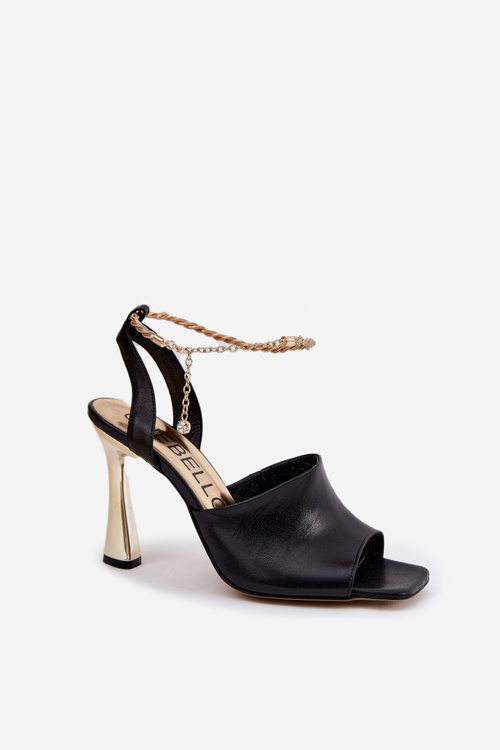 Sandały Skóra Naturalna Obcas Szpilka Ozdoba Bransoleta Czarne CheBello 4440