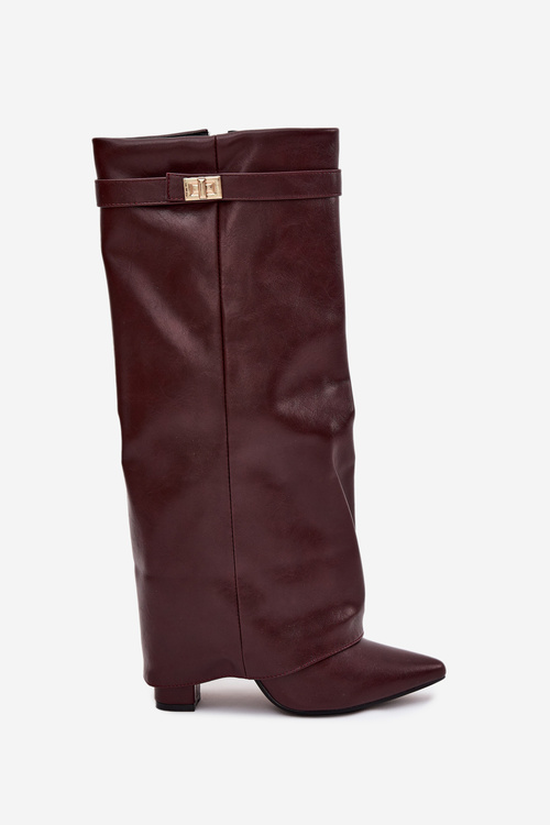 Women's Ankle Boots With Block Heel Rolled Down Shaft And Gold Detail Burgundy Diorna