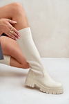 Knee Boots With Elastic Shaft On Flat Heel Light Beige Mesidra