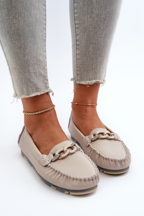 Women's Leather Moccasins with Beige Decoration S.Barski LR339