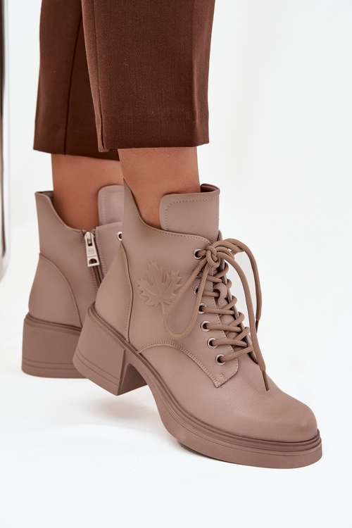 Damskie Botki Skóra Naturalna Ocieplane Obcas Klocek Beżowe Vinceza 39950