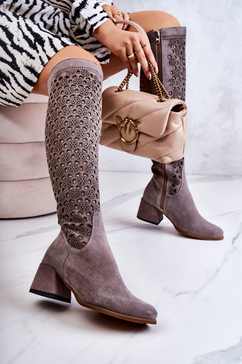 Kozaki Zamsz Ażurowy Wzór Szare Hekilea