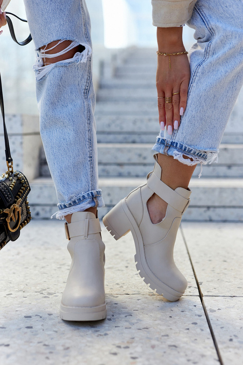 Leather Booties Cut Out Belt Beige Rosanne