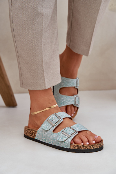 Damskie Materiałowe Klapki Z Klamrami Na Korkowej Podeszwie Miętowe Atera