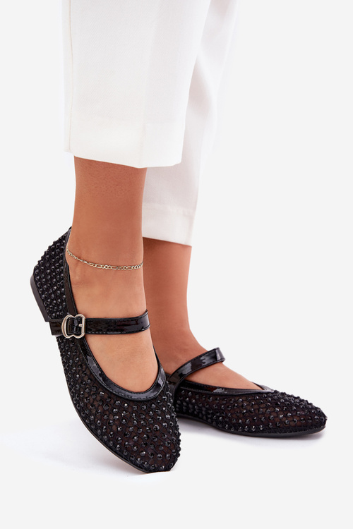 Embellished Women's Ballerinas With Strap And Buckle Black Avirae