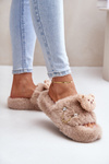 Women’s Furry Slippers With Bear And Decorative Elements Beige Innalise