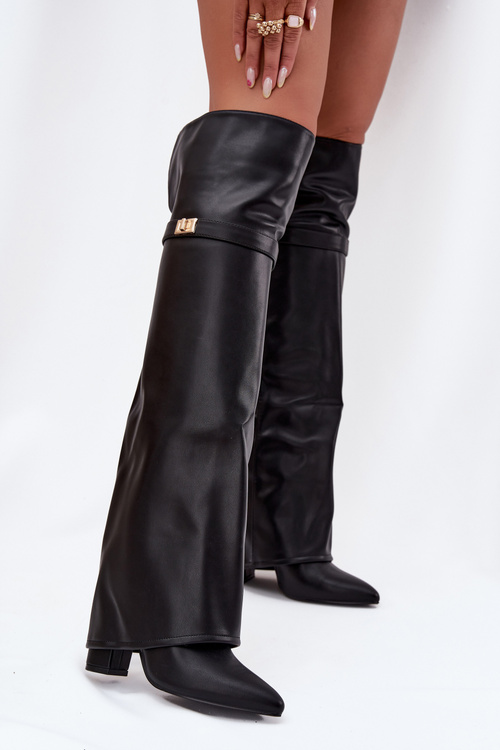 Kozaki Wywinięta Cholewka Za Kolano Obcas Słupek Ocieplane Czarne Serelle