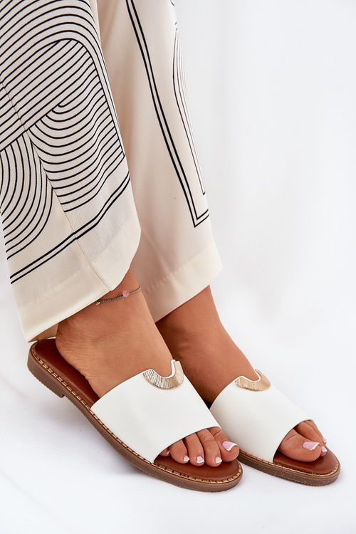 Damskie Klapki Damskie Płaskie Eko Skóra Ozdobne Detale Białe Mevith