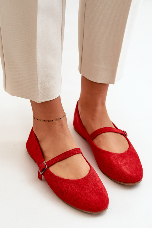 Flat Ballet Shoes With Strap Eco Suede Red Tirilina