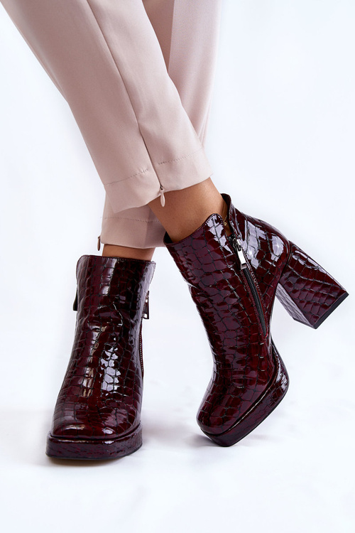 Botki Skóra Obcas Krokodyli Wzór Bordowe Alienore
