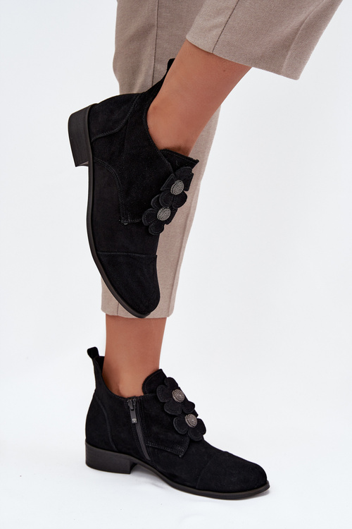 Suede Women's Loafers with Decorative Flowers Zazoo 3080 Black