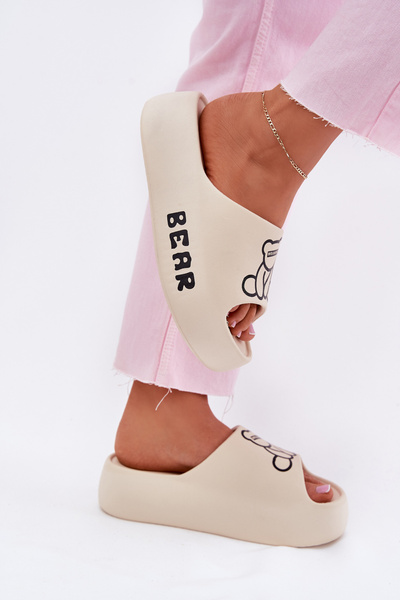 Ladies Foam Slippers On Massive Sole With Bear Light Beige Lamira