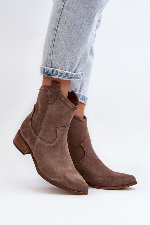 Zazoo 3329 Suede Cowboy Ankle Boots Low Heel Dark Beige