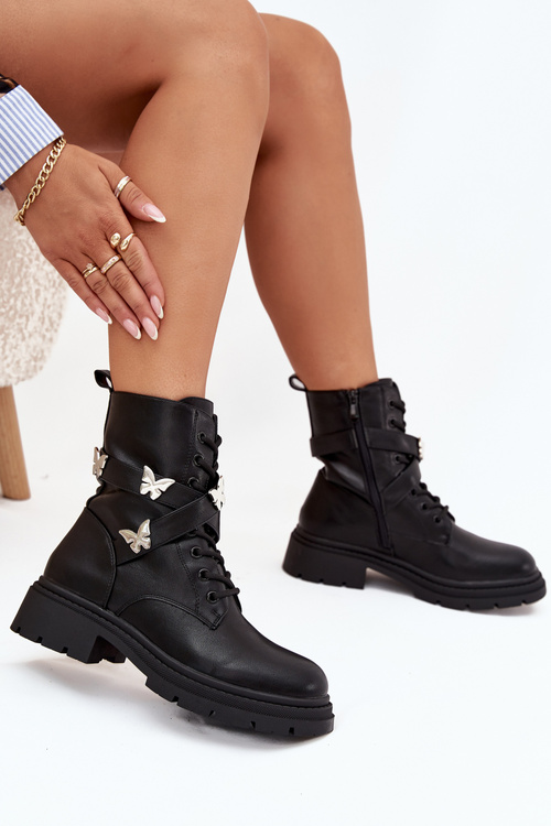 Insulated work boots with strap and silver buckles Black Kaelina