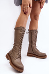Women's Mid-Calf Lace-Up Combat Boots Beige Elavettsa