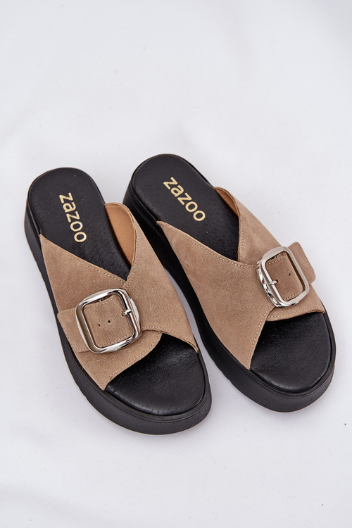 Klapki Damskie Zamszowe Na Platformie Klamry Beżowe Zazoo 3019