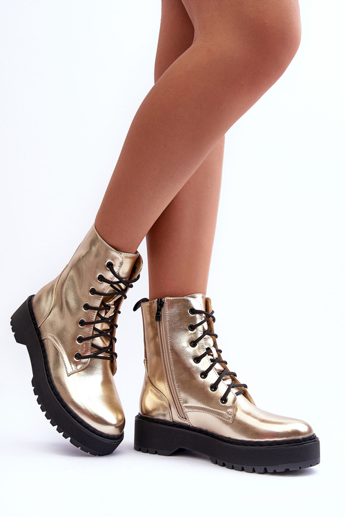 Botki Workery Metaliczne Skóra Złote Teflorna CLS-270