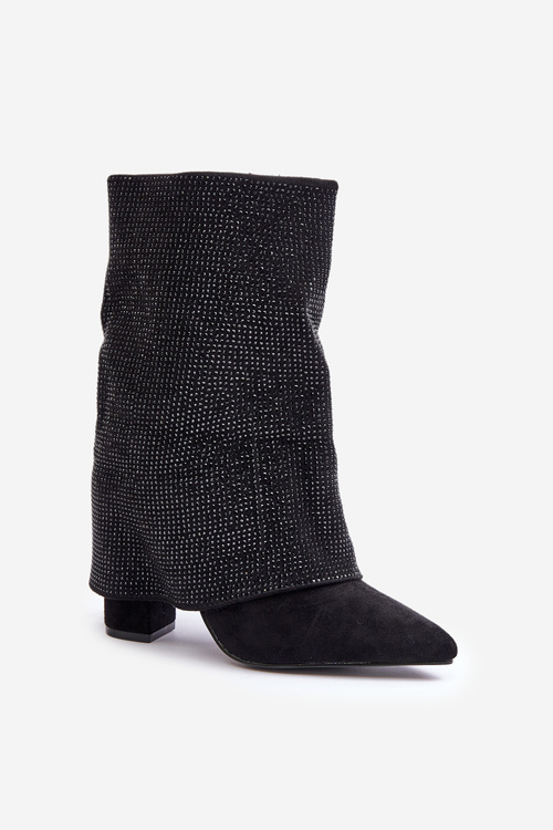 Embellished Shiny Ankle Boots With Turned Shaft On Block Heels Insulated Black Xistaria