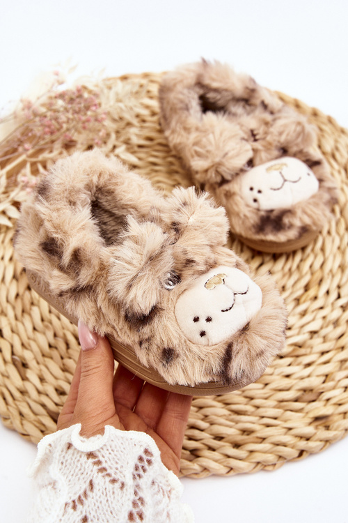 Beige Children's Fur Slippers with Bear Apolanie