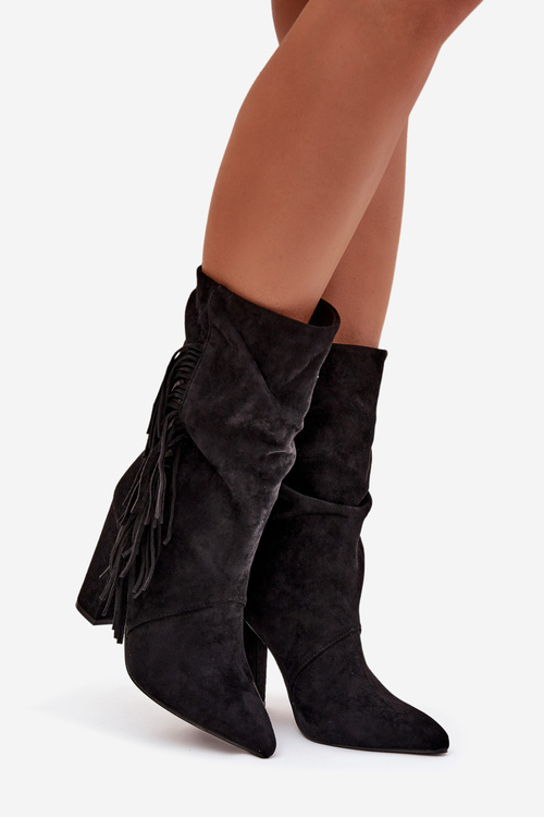 Damskie Botki Obcas Słupek Frędzle Marszczenie Eko Zamsz Czarne Darlina