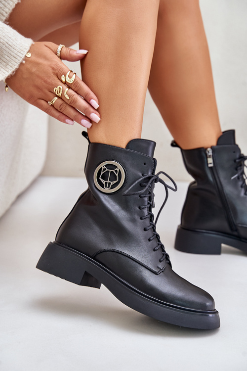 Botki Workery Skóra Płaski Obcas Ozdoba Ocieplane Na Zamek Czarne Lorevine