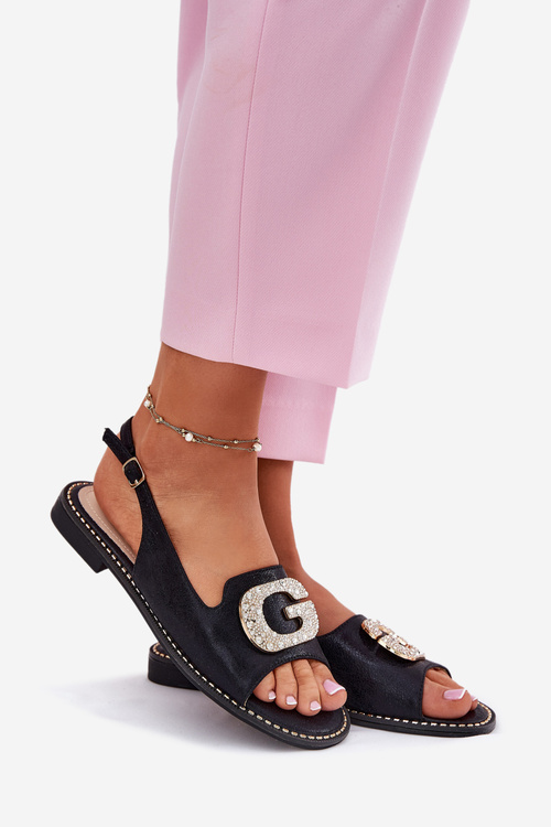 Sandały Damskie Z Eko Skóry Ozdobny Detal Płaski Obcas Czarne S.Barski KV51-081