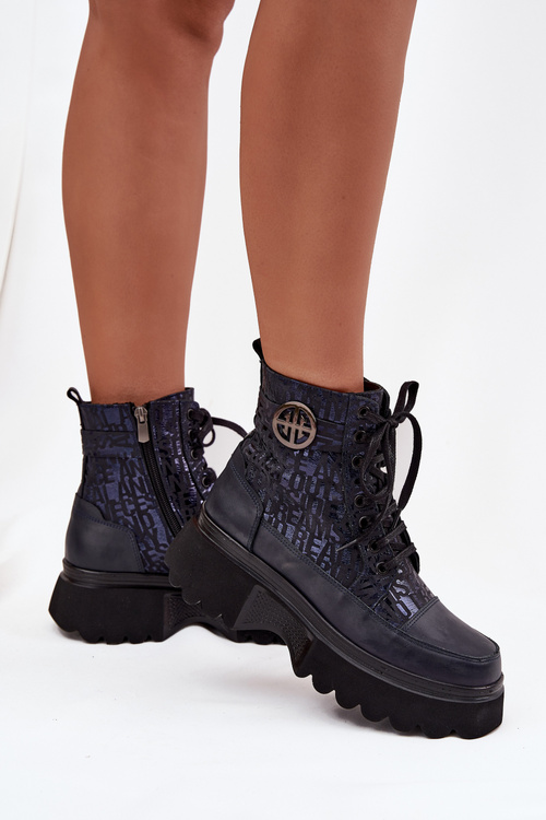 Leather Women's Platform Boots with Texts and Decorative Detail Artiker 57C2271 Navy Blue