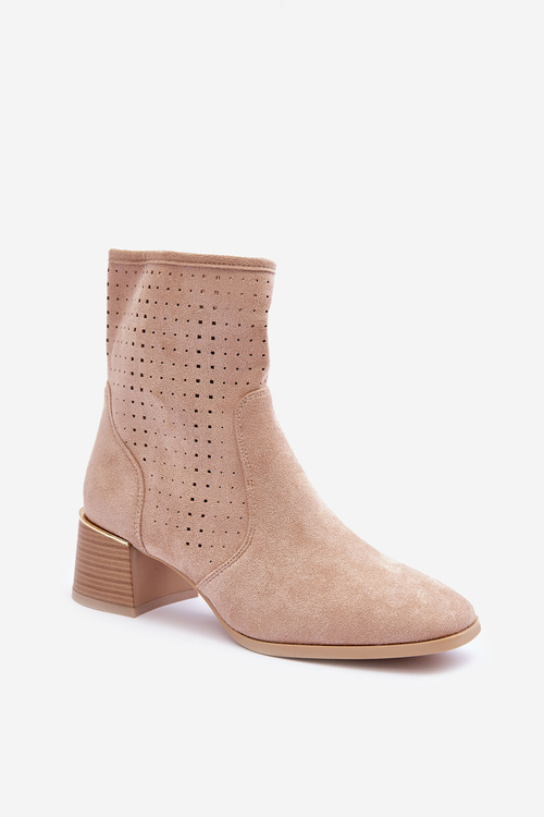 Leather Aperture Boots on Heel Beige Pearls