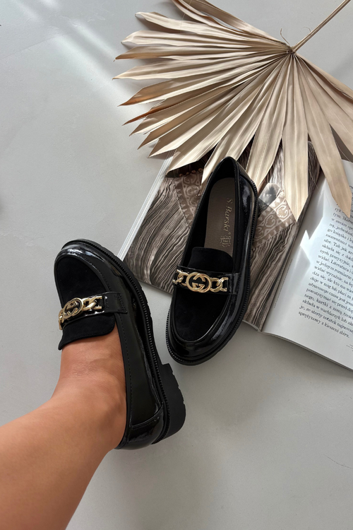 Damskie Mokasyny Lakierowane Złota Ozdoba Czarne S.Barski HY52-540
