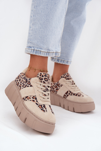 Suede Insulated Women's Sneakers On Chunky Platform Vinceza 66841 Leopard Beige