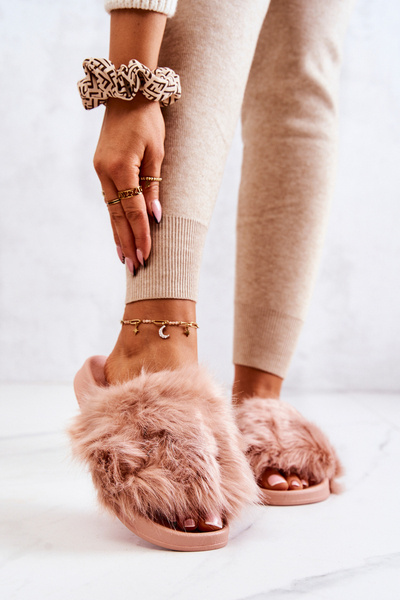 Klapki Futrzane Gumowe Gruba Podeszwa Brudny Róż Allyson