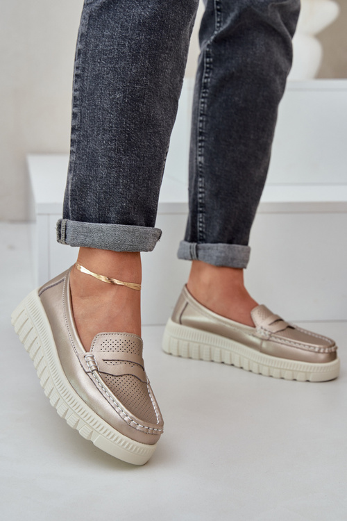 Womens Leather Moccasins On Platform And Wedge Rose Gold Elanindel